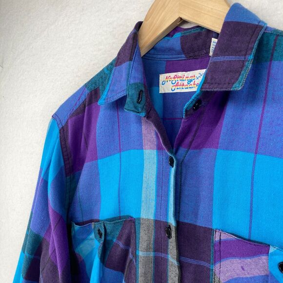 NO STRINGS ATTACHED Shirt Womens S Plaid Button Front Long Sleeve Blue Vtg 80s - Picture 2 of 12